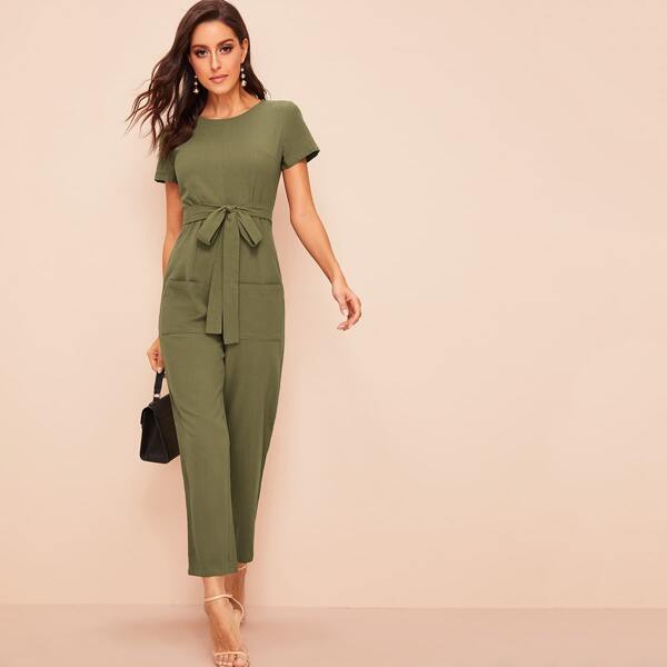 

Pocket Front Zip Back Self Belted Jumpsuit, Army green