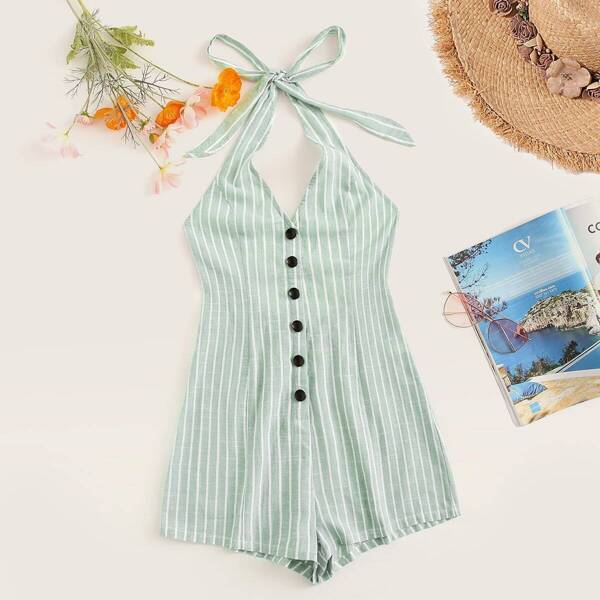 

Knot Halter Single Breasted Striped Romper, Green pastel