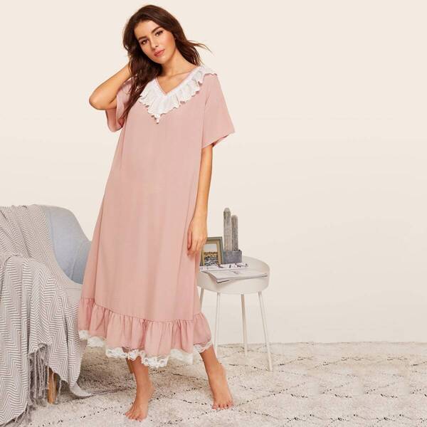 

Contrast Schiffy Ruffle Trim Tunic Nightdress