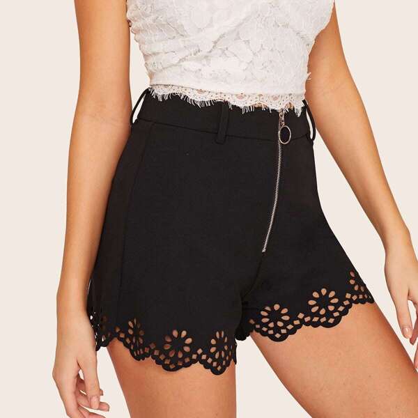 

O-ring Zip Front Laser Cut Shorts, Black