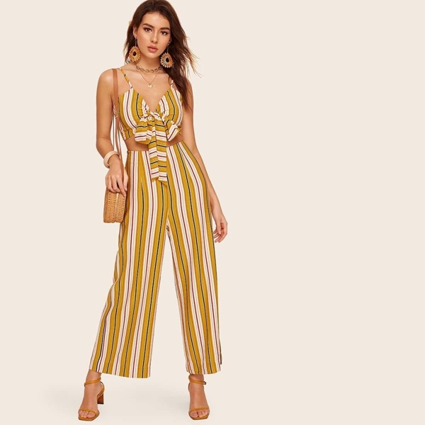 

Striped Crop Wrap Cami & Wide Leg Pants Set, Multicolor