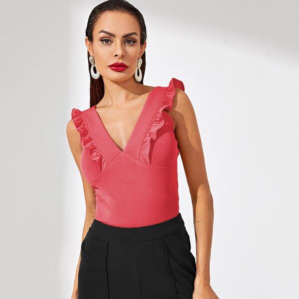 

V-neck Ruffle Trim Solid Top, Pink