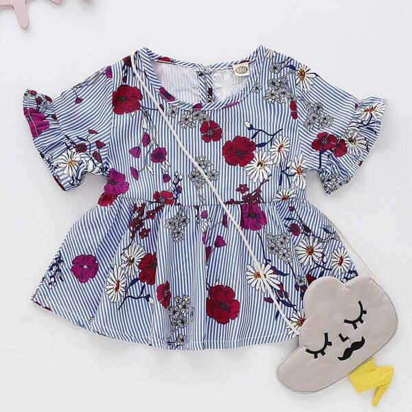 

Toddler Girls Floral Print Ruffle Hem Striped Blouse