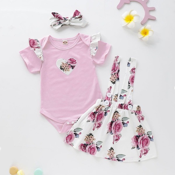 

Baby Allover Floral Print Ruffle Romper & Straps Skirt & Headband, Multicolor