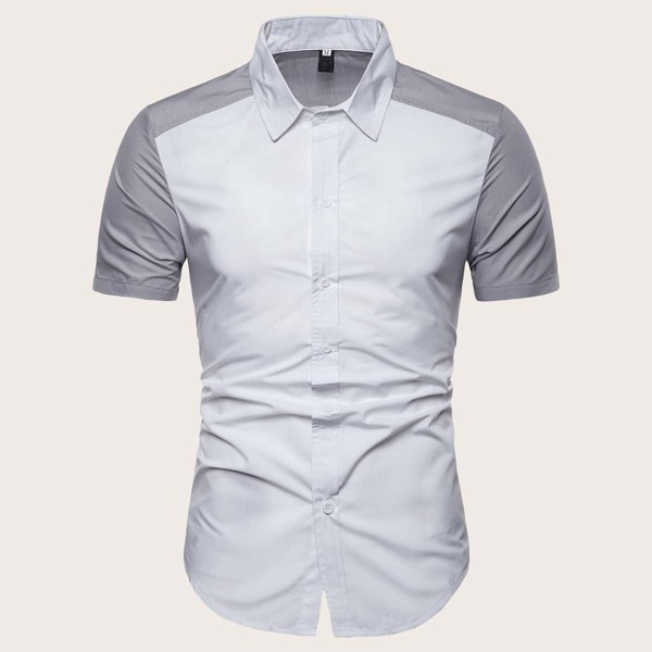 

Men Cut And Sew Panel Curved Hem Shirt