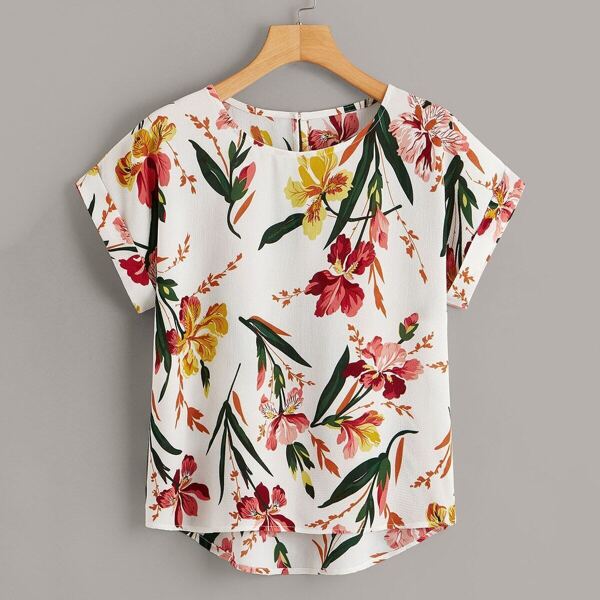 

Floral Print Dip Hem Blouse