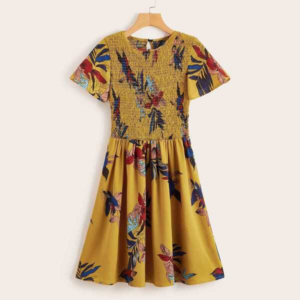 

Floral Print Shirred Dress