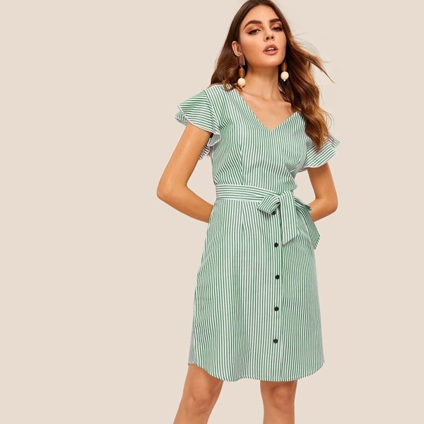 

Striped Button Front Self Tie Dress