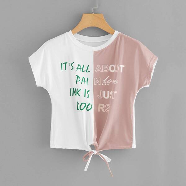 

Two Tone Slogan Print Knot Hem Tee, Multicolor