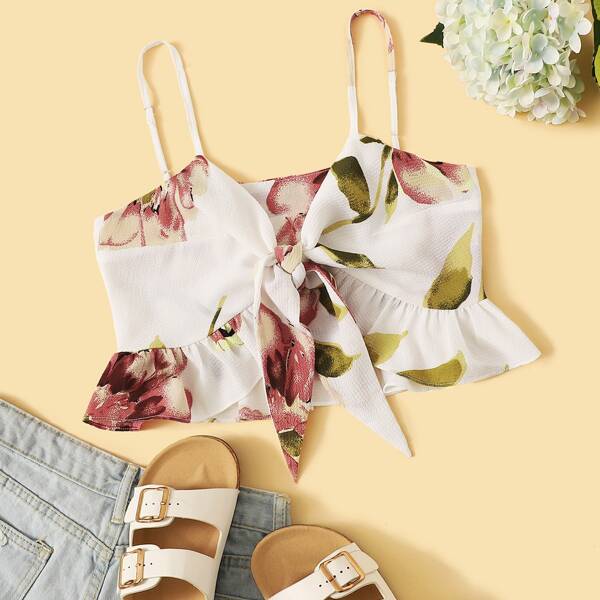 

Floral Print Knot Front Crop Cami Top