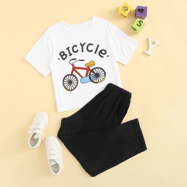 

Boys Bicycle & Letter Print Pajama Set, Black and white