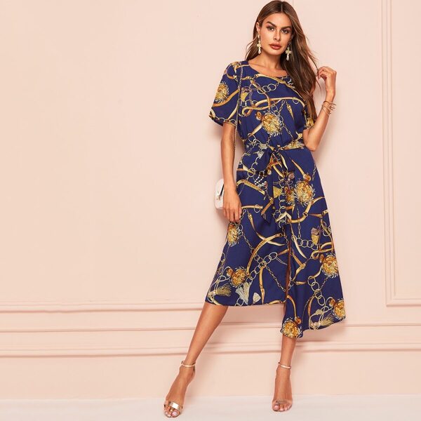 

Chain Print Split Hem Belted Dress