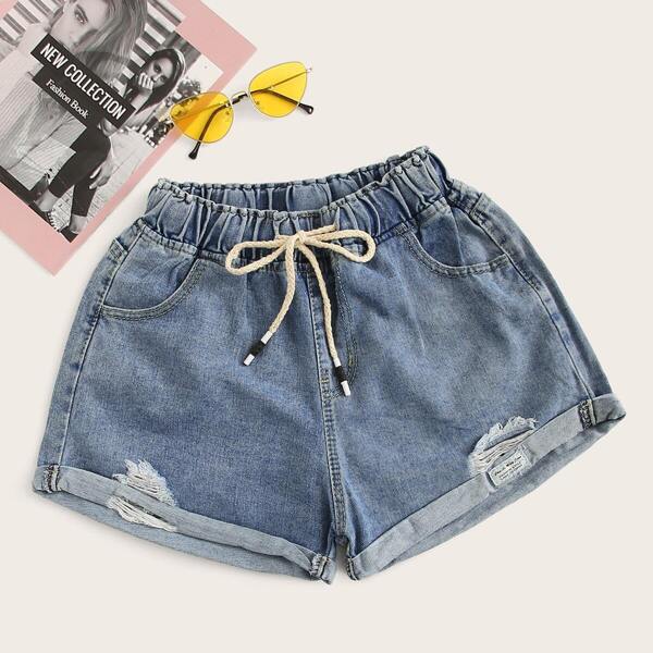 

Ripped Rolled Hem Elastic Waist Denim Shorts, Blue