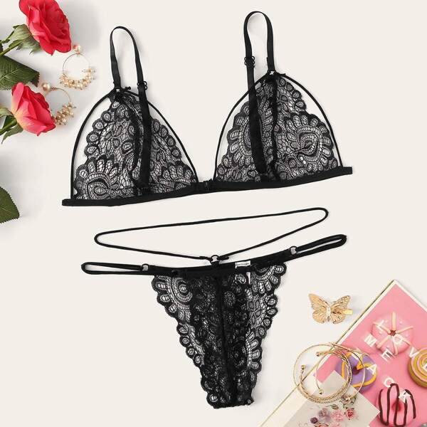 

Floral Lace Sheer Lingerie Set, Black