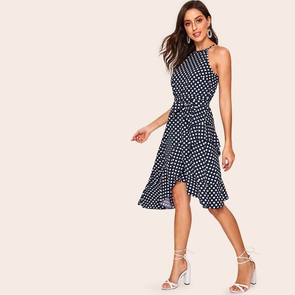

70s Polka Dot Asymmetrical Hem Dress, Navy