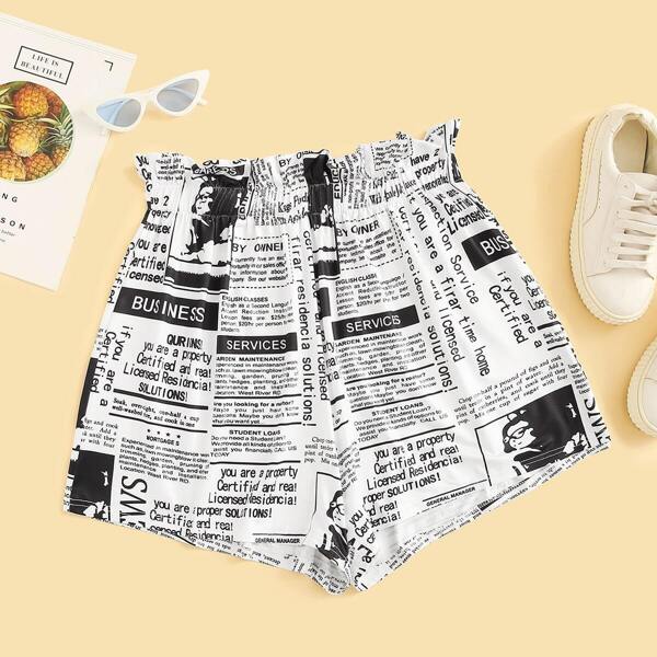 

Plus Newspaper Print Frill Waist Shorts