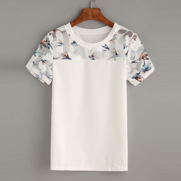 

Plus Contrast Lace Bird Print Blouse
