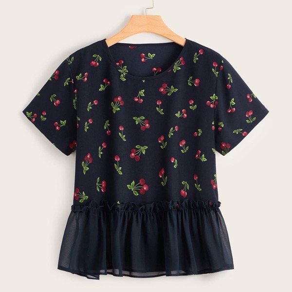 

Plus Cherry Print Frill Ruffle Hem Tee