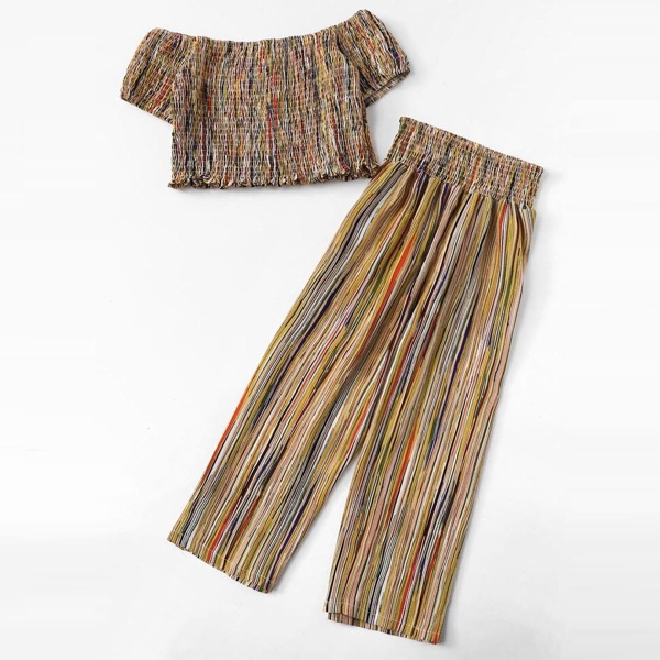 

Plus Off Shoulder Lettuce Frill Shirred Striped Top With Pants, Multicolor