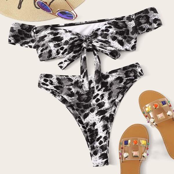 

Leopard Short Sleeve Bardot Top With High Waist Bikini