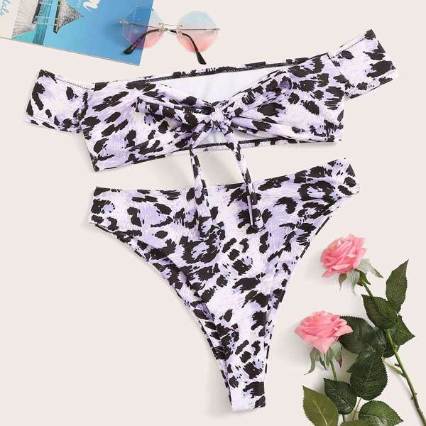 

Leopard Bardot Top With High Cut Bikini Set