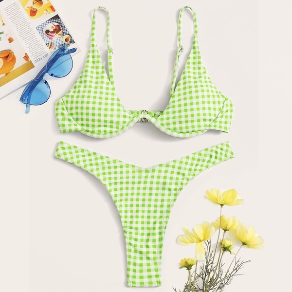 

Gingham Underwired Top With High Leg Bikini Set, Green pastel