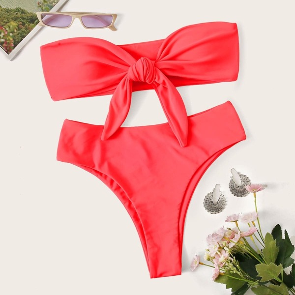 

Knot Front Bandeau With High Leg Bikini Set