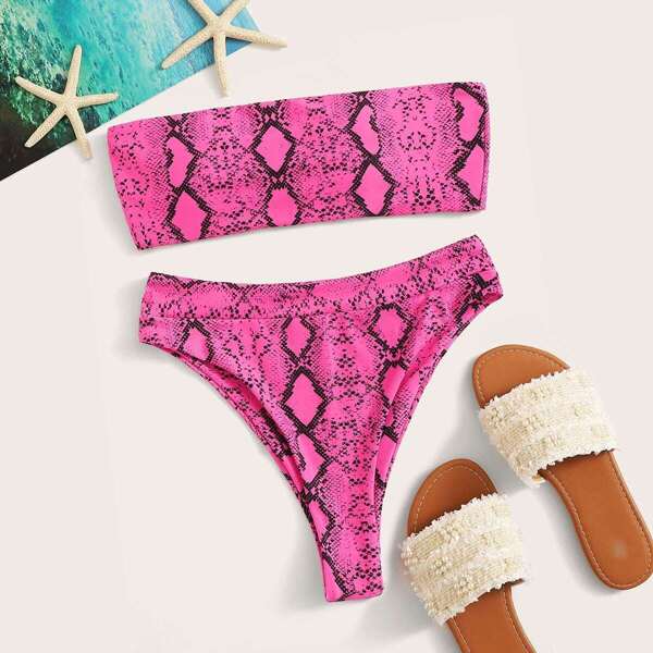 

Snake Print Bandeau With High Cut Bikini Set, Pink