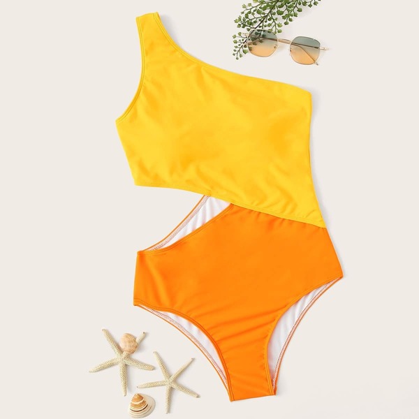 

Two Tone One Shoulder One Piece Swimwear, Yellow