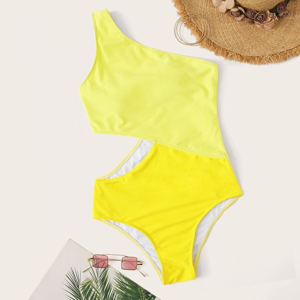 

Neon Yellow One Shoulder Cut-out One Piece Swim, Yellow bright