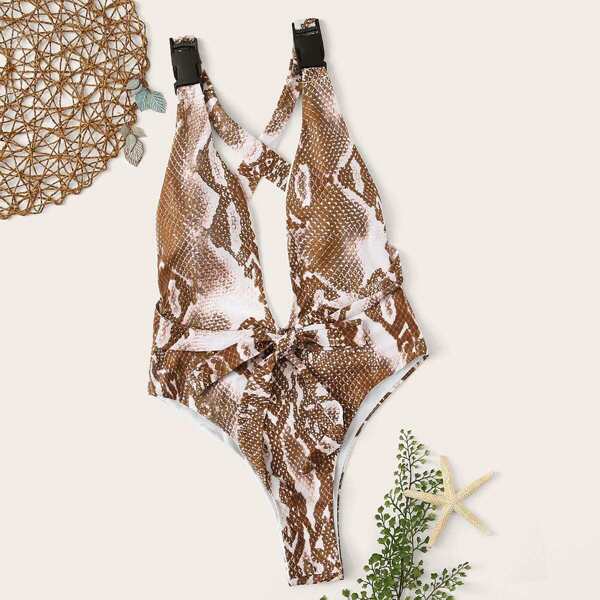 

Snake Print Criss Cross One Piece Swimsuit