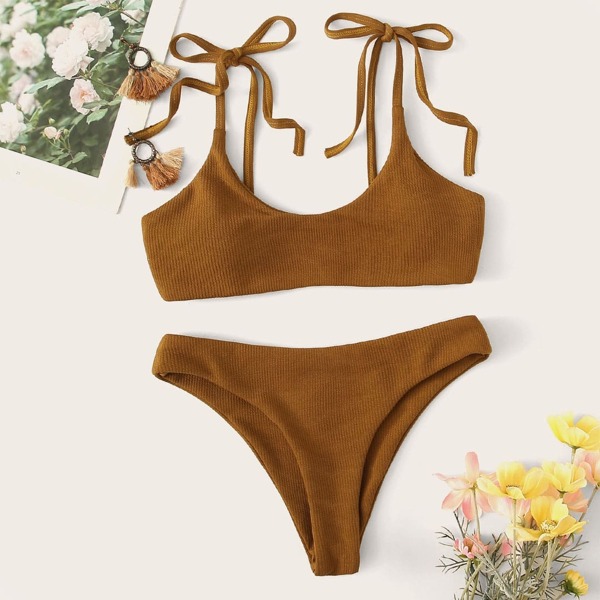 

Ribbed Self Tie Top With Cheeky Bikini