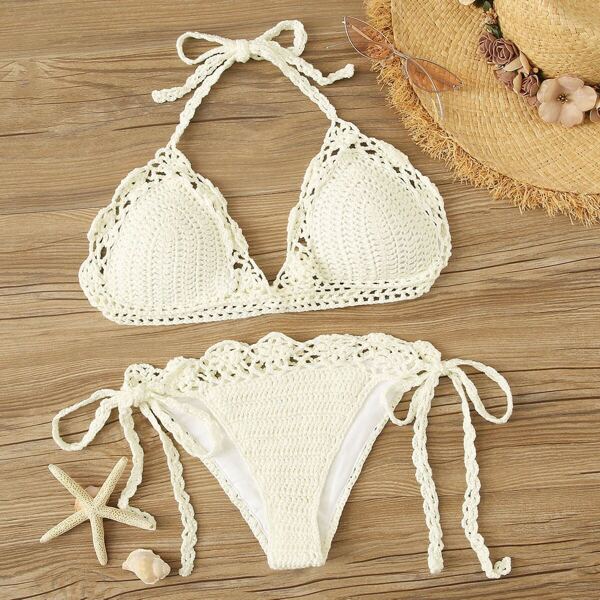 

Scalloped Trim Crochet Halter Top With Tie Side Bikini