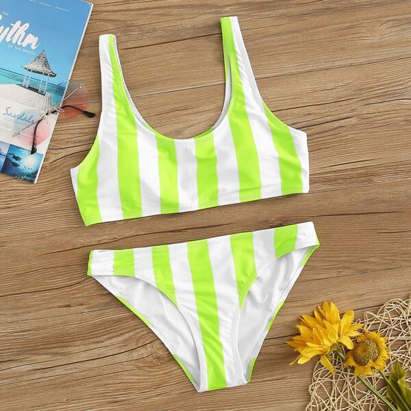 

Neon Lime Striped Top With Seam Bikini Set, Multicolor bright