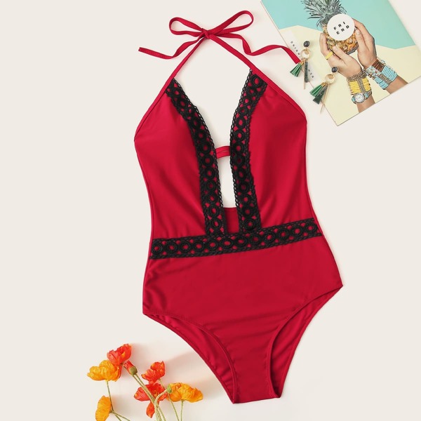 

Crochet Trim Plunge One Piece Swimwear, Red