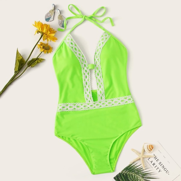 

Neon Lime Crochet Trim Plunge One Piece Swimwear