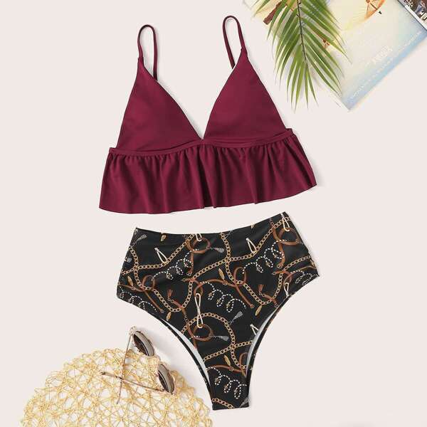 

Ruffle Hem Top With Chain Print Bikini Set