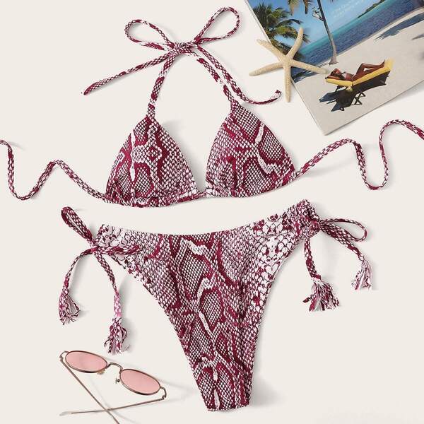 

Snakeskin Print Halter Top With Tie Side Bikini Set