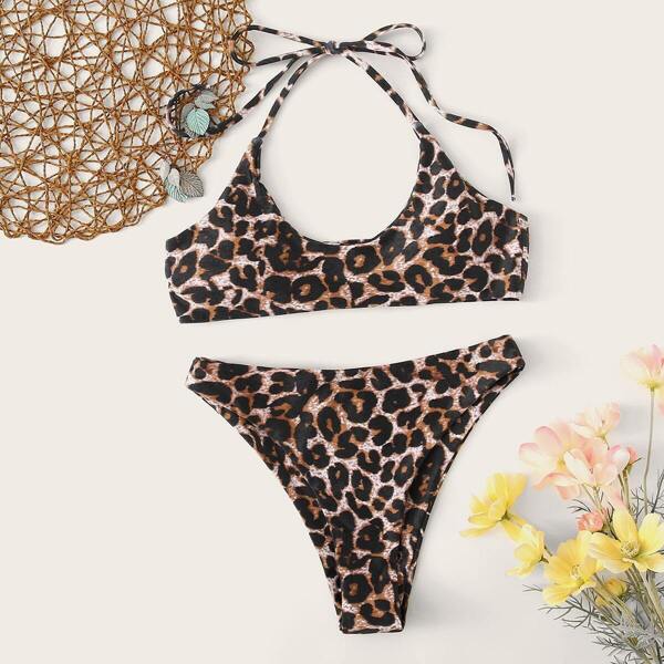 

Leopard Halter Top With High Cut Bikini Set