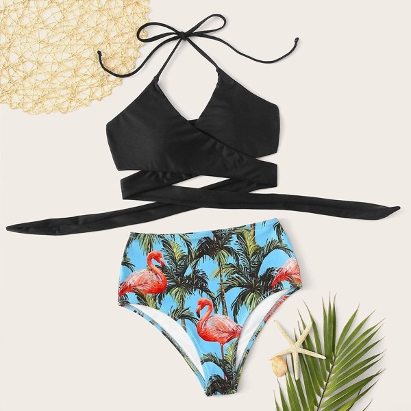 

Wrap Top With Random Flamingo Print Bikini Set