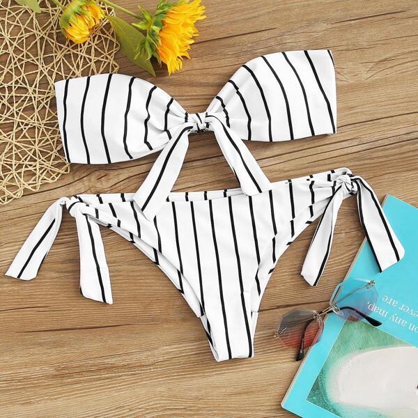 

Striped Knot Front Bandeau With Tie Side Bikini Set, Black and white