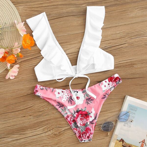 

Ruffle Plunge Top With Random Floral Panty Bikini