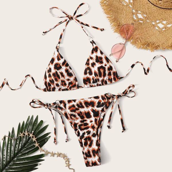 

Leopard Halter Top With Tanga Bikini Set, Multicolor