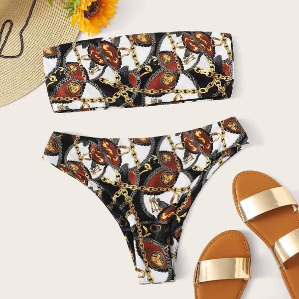 

Random Chain Print Bandeau Bikini Set