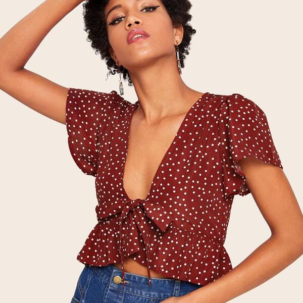 

Polka Dot Ruffle Hem Tie Front Blouse, Burgundy