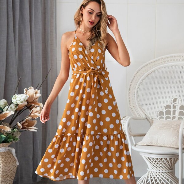 

Платье на бретелях в горошек с оборками и поясом, Жёлтые