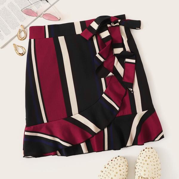 

Striped Ruffle Hem Knot Side Wrap Skirt