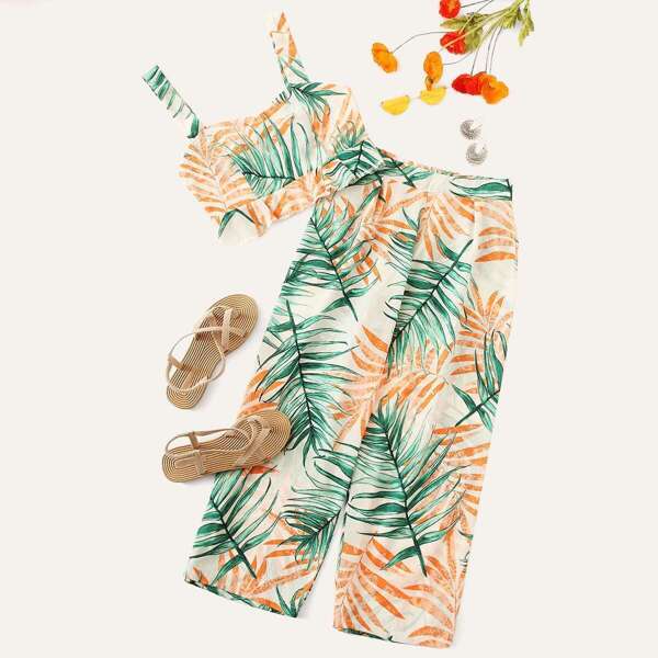 

Leaf Print Ruffle Hem Cami Top With Pants