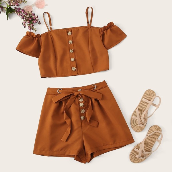 

Button Front Cold-shoulder Cami Top With Drawstring Shorts