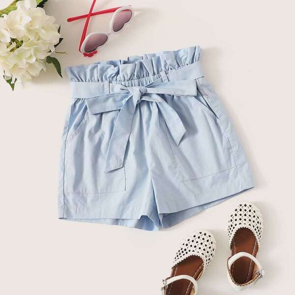 

Girls Paperbag Waist Pocket Patched Shorts, Blue pastel